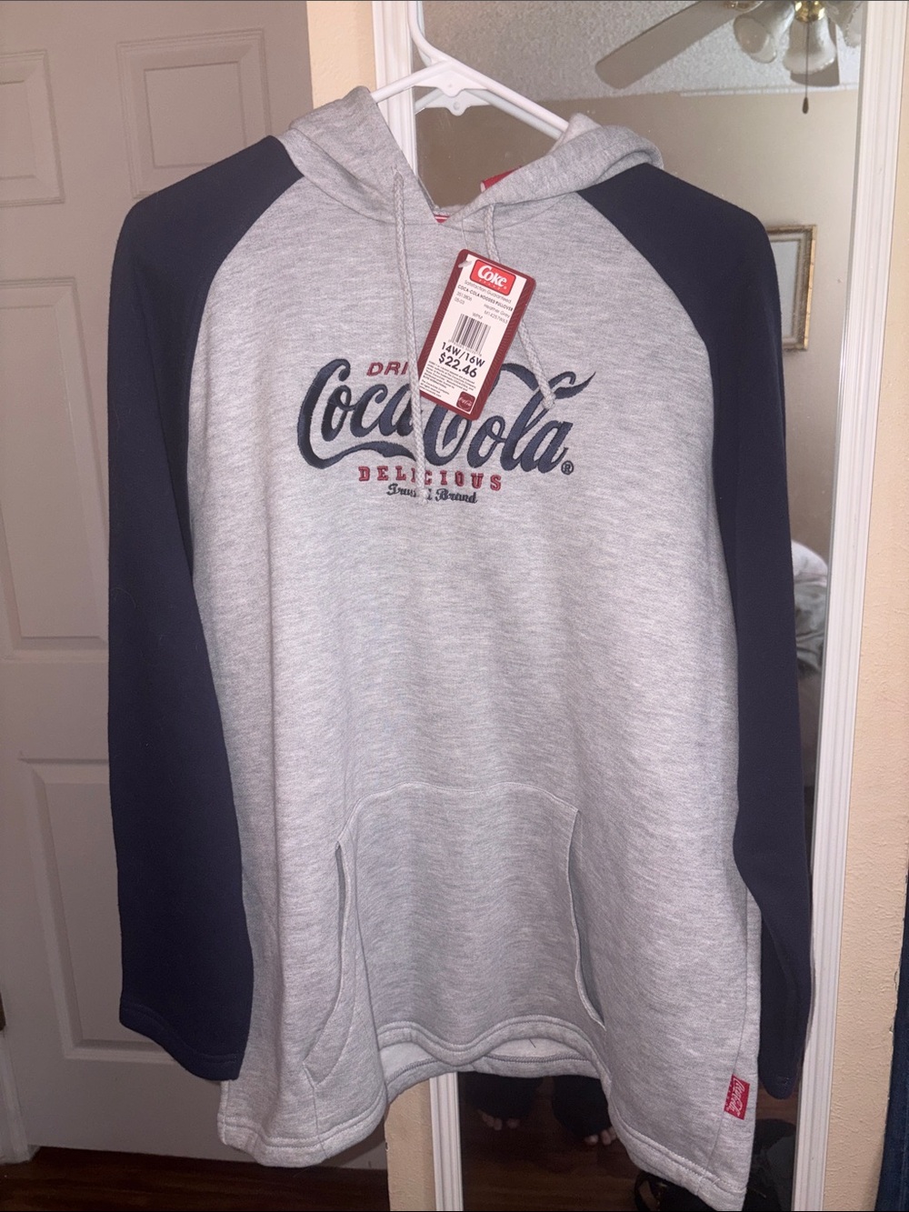 Coca Cola Grey Hoodie with Navy Sleeves and Logo